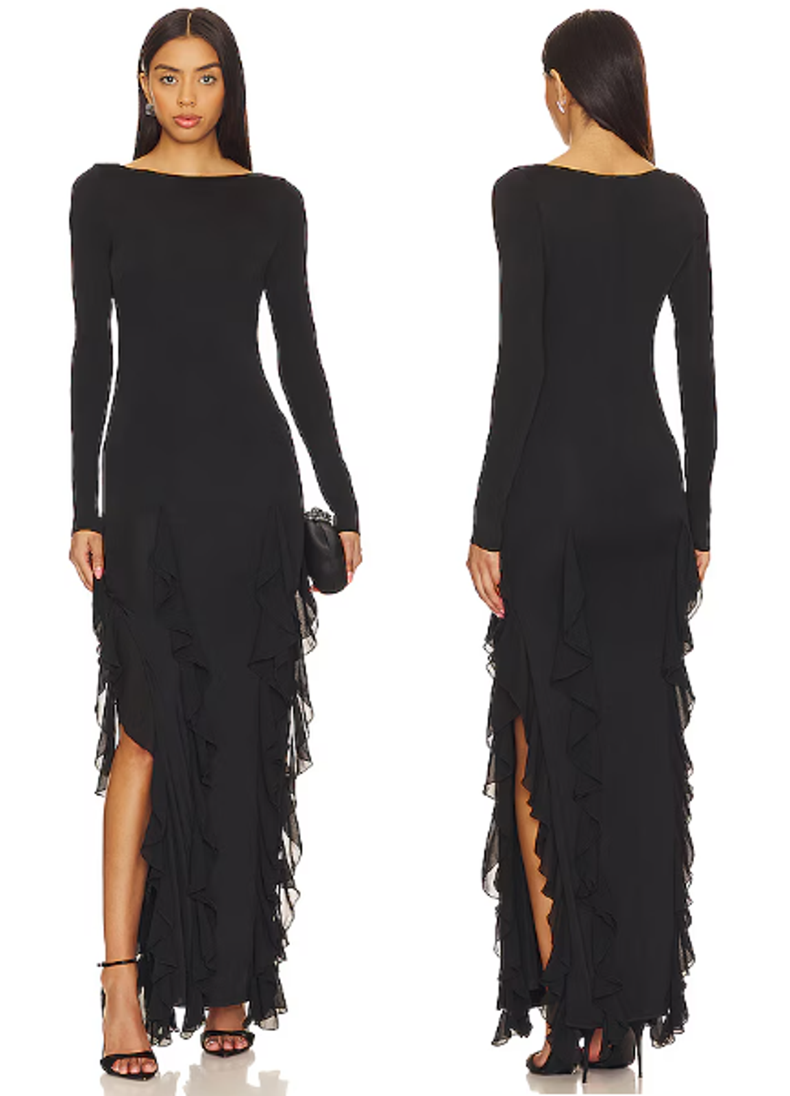 Nwt Nbd Daphne Long Sleeve Ruffle Trim Jersey Maxi Dress Black Women's Medium